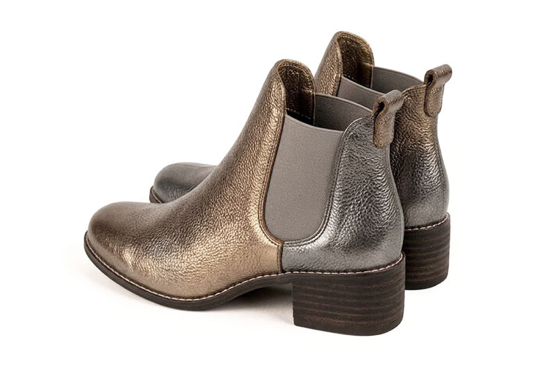 Women's antique gold and bronze solid-color chelsea boots with round toe and leather sole - Rear view